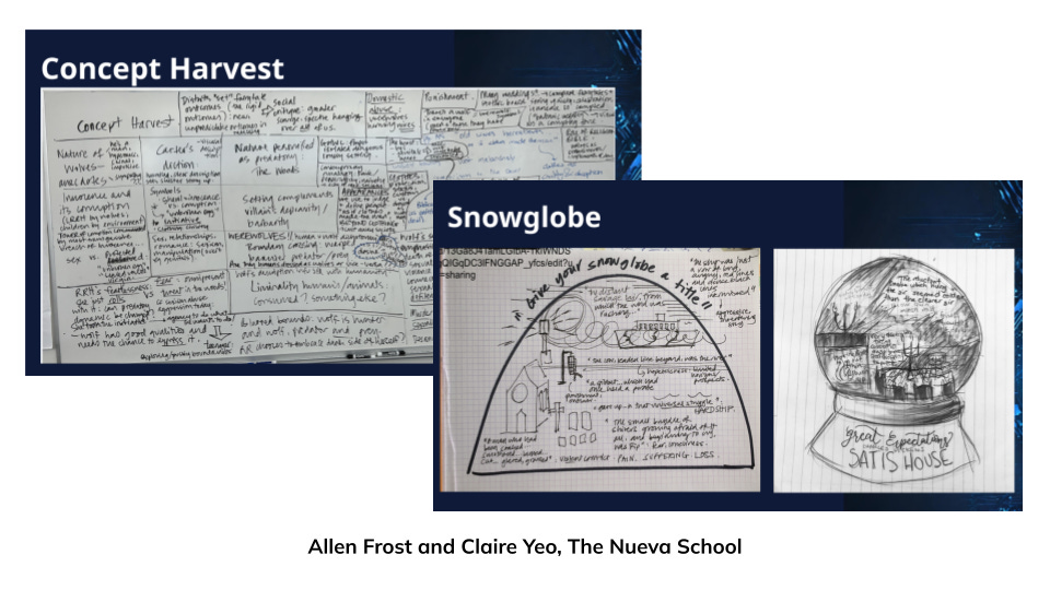 The image is a composite of two educational visual aids. On the left, a poster titled "Concept Harvest" features a series of handwritten notes and mind maps, detailing various educational concepts, ideas, and strategies. The content includes keywords and diagrams arranged in an organized manner, suggesting a brainstorming or summarizing activity. On the right, there is a hand-drawn illustration of a snowglobe, also surrounded by handwritten notes and explanations. This sketch seems to represent a conceptual or project design. Below the two images, a caption acknowledges the creators, Allen Frost and Claire Yeo, from The Nueva School.