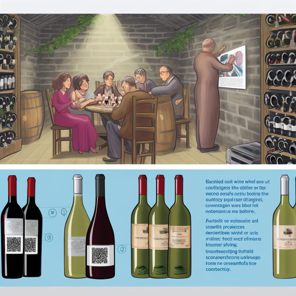 Illustrate a scene capturing the challenges faced by wine producers in a global market, including the issue of counterfeit wines. Show a wine cellar with authentic and counterfeit wine bottles side by side, the latter marked by subtle differences in labeling that hint at their illegitimacy. Above the cellar, depict a family of wine producers discussing strategies around a table, visibly concerned but determined. Highlight the new wine label security features designed to combat counterfeiting, such as holograms and QR codes, with close-up views on some of the bottles. The atmosphere should convey the mix of tradition and modernity, the struggle against unfair practices, and the determination to maintain quality and authenticity in a competitive global market.