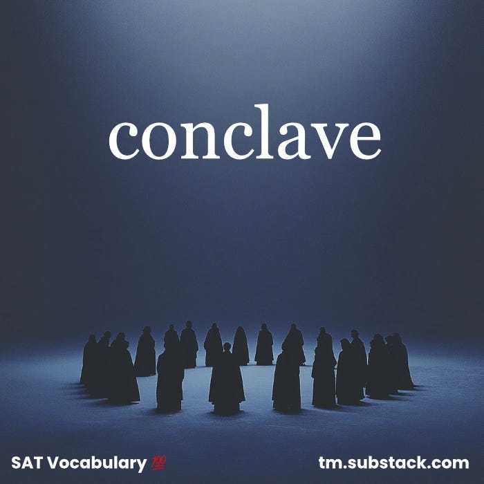 Illustration of robed figures in a secret meeting; used to illustrate the SAT word 'conclave'.