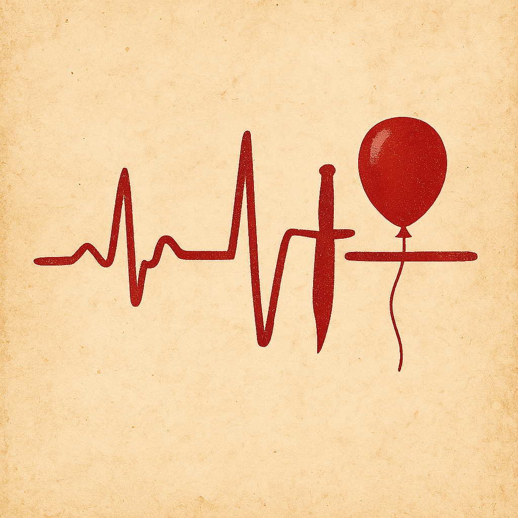 A stylized Holter monitor display showing heartbeat lines, with a dagger and a red balloon subtly embedded in the design.