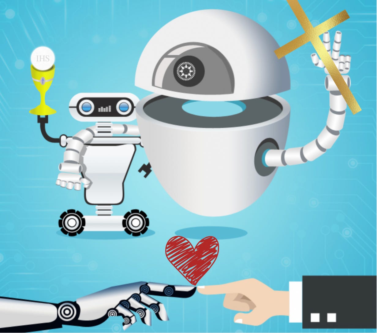 Robots embrace as they hold up a cross and a communion cup. Below, a robot hand reaches out to touch a human's outstretched hand. 