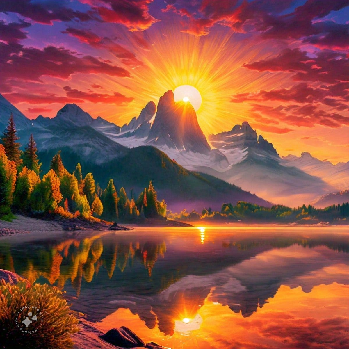 "The most beautiful sunrise ever seen with the sun visible fully, with mountains, Bright colors, vivid hues, amazing picture, water and trees, multicolored sky, an awesome, awe-inspiringly beautiful image."