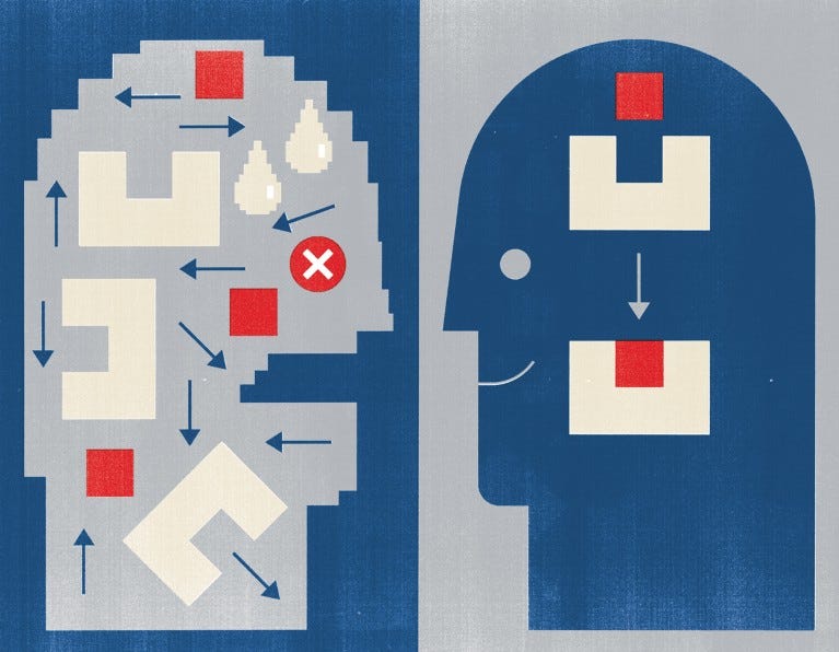 Stylised illustration showing a human and a robot head attempting to solve simple shape based problems.