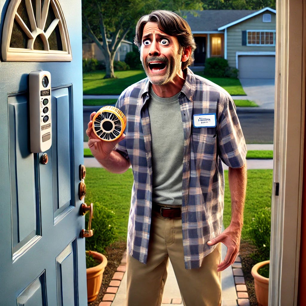 A comedic scene of a middle-aged man, standing awkwardly at a front door, giving a chaotic sales pitch. He looks nervous, wearing casual clothes, holding a widget in one hand. His facial expression is overwhelmed, with his mouth open mid-sentence, and his eyes wide as he speaks rapidly. The door is partially open, revealing a confused homeowner. The setting is suburban, with a calm neighborhood street in the background. The scene has a slightly exaggerated, cartoonish style to match the humorous tone of the routine.