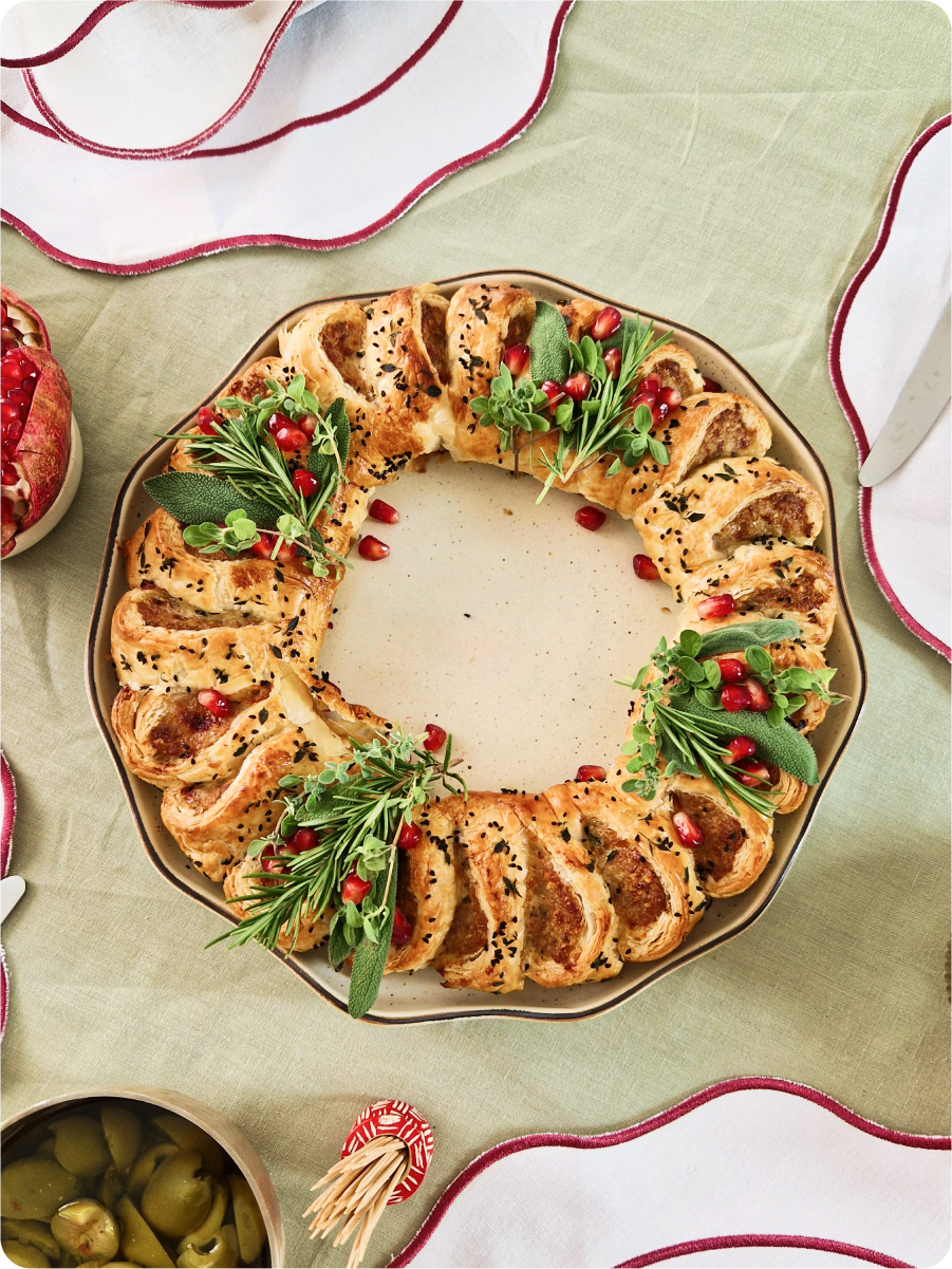 Sausage Roll Wreath on a holiday table