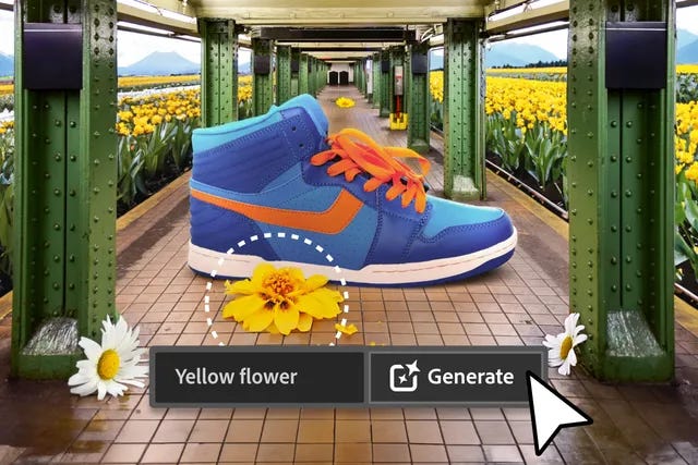 Uma flor amarela gerada por IA posicionada ao lado de um tenis