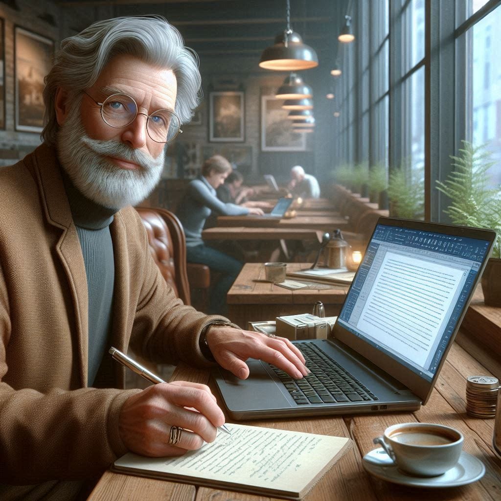 An author working on his laptop in a coffee shop looks at the viewer. Photorealistic.