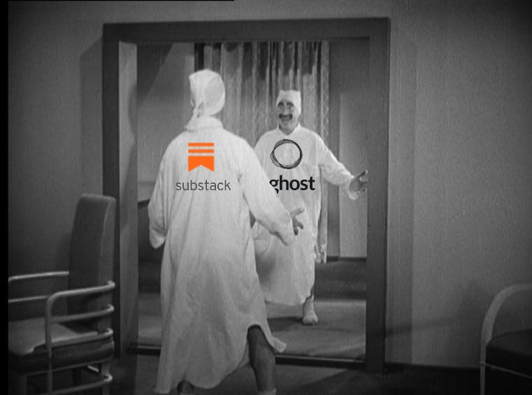 Still image from the famed mirror scene in the Marx Brothers film "Duck Soup." A man dressed in white pajamas and nightcap stands in a doorway. On the back of his pajamas the Substack logo can be seen. On the opposite side of the doorway, a man with Groucho Marx's trademark mustache and eyebrows, dressed in identical fashion, stands in mimicry of the first man's pose. On his pajamas the Ghost logo is seen.