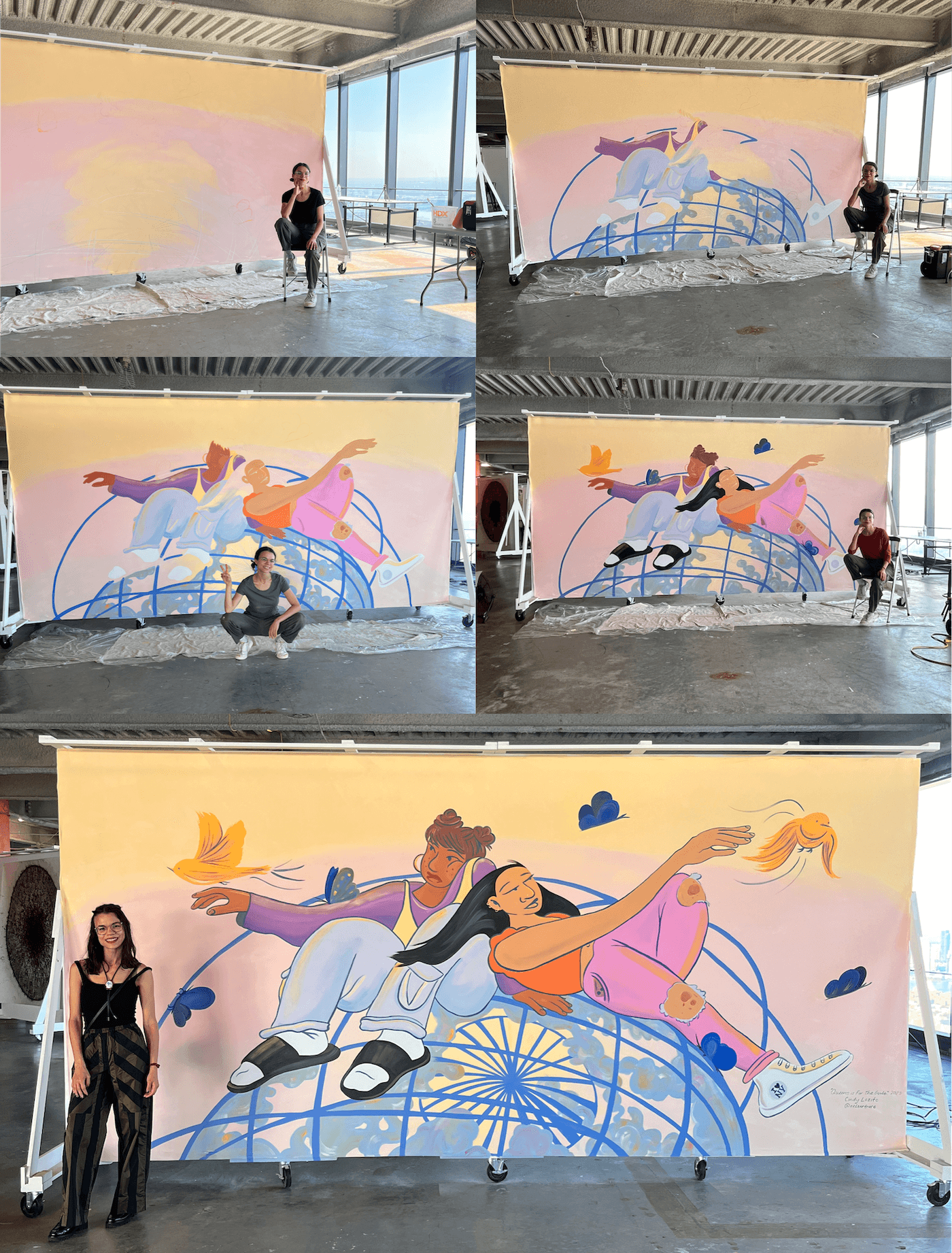 Five photos show progressive steps of completion for my mural Queens is For The Girls, of two young women laying on top of the Unisphere as birds fly from their hands and butterflies perch on the rungs