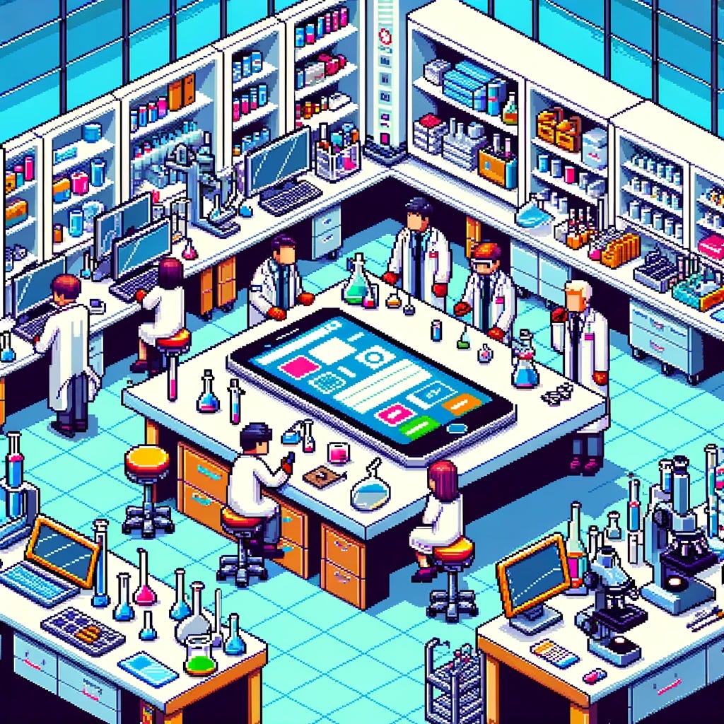 A pixel art style image showing a science lab setting. The lab is filled with scientists, each wearing lab coats, inspecting a smartphone that is placed on a large, blank white table in the center of the room. Around them are various scientific instruments and equipment, such as microscopes, test tubes, and computers, typical of a research environment. The walls are lined with shelves holding assorted lab items. The art style should mimic classic 8-bit video games, with vibrant colors and blocky, pixelated forms, emphasizing the detailed lab environment and the central smartphone on the table.