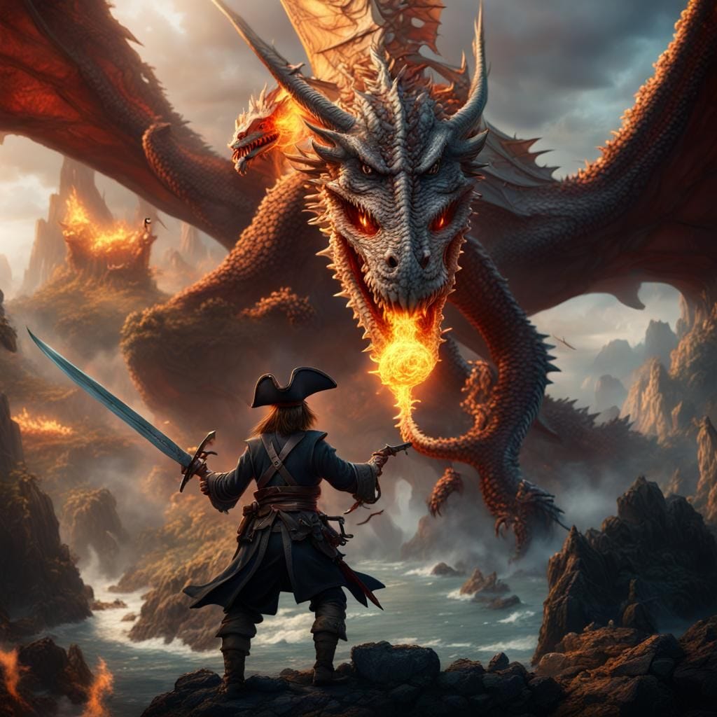 Pirate pointing a sword up the open mouth of a dragon breathing fire