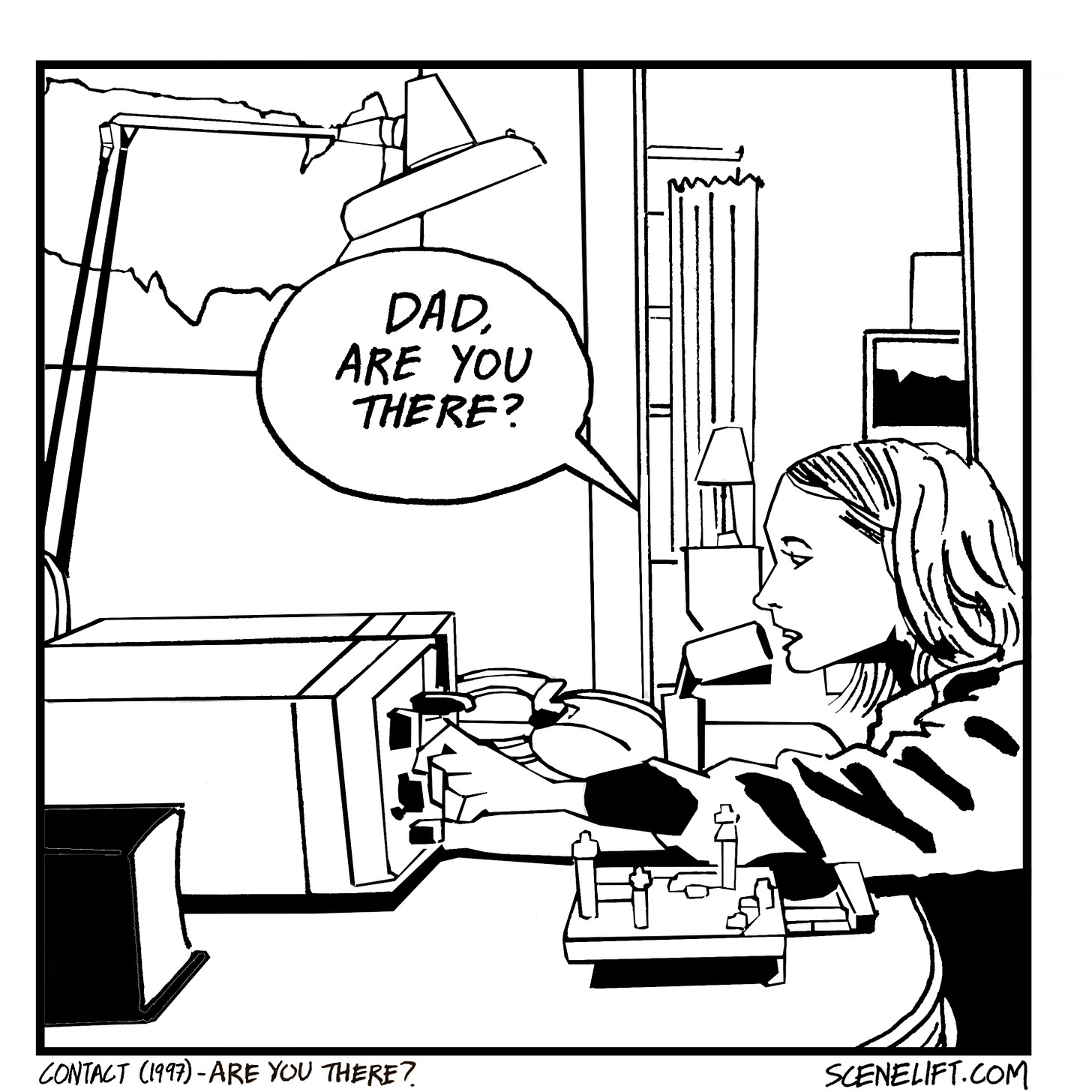 Fan art comic of Ellie as a child in the movie Contact, trying to contact her dad using the radio transmitter after he dies