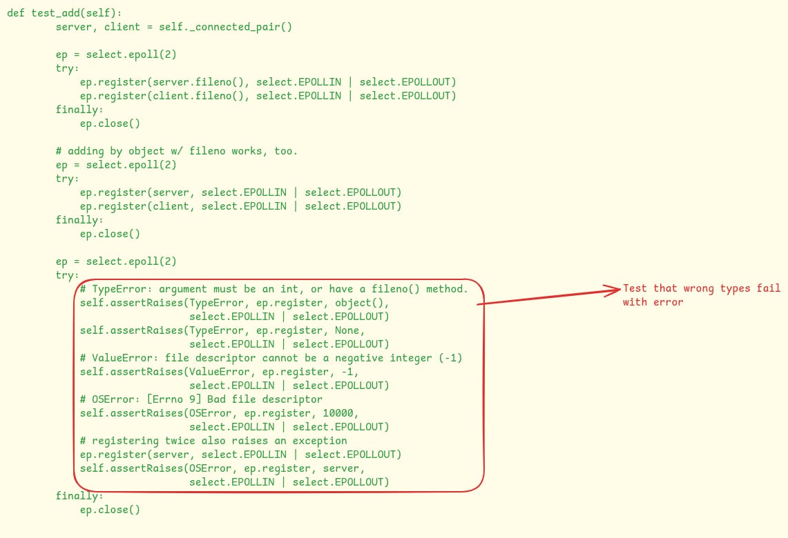 An example of testing for unsupported types from the unit test for the select module in CPython