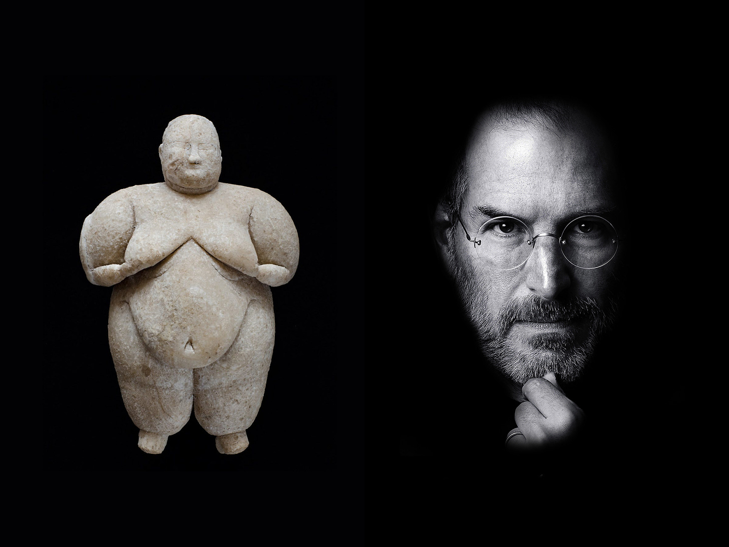 on the left, a Figurine of a woman found at Çatalhöyük, ca. 8,000 years old. Photo by Jason Quinlan, Çatalhöyük Research Project. on the right, steve jobs
