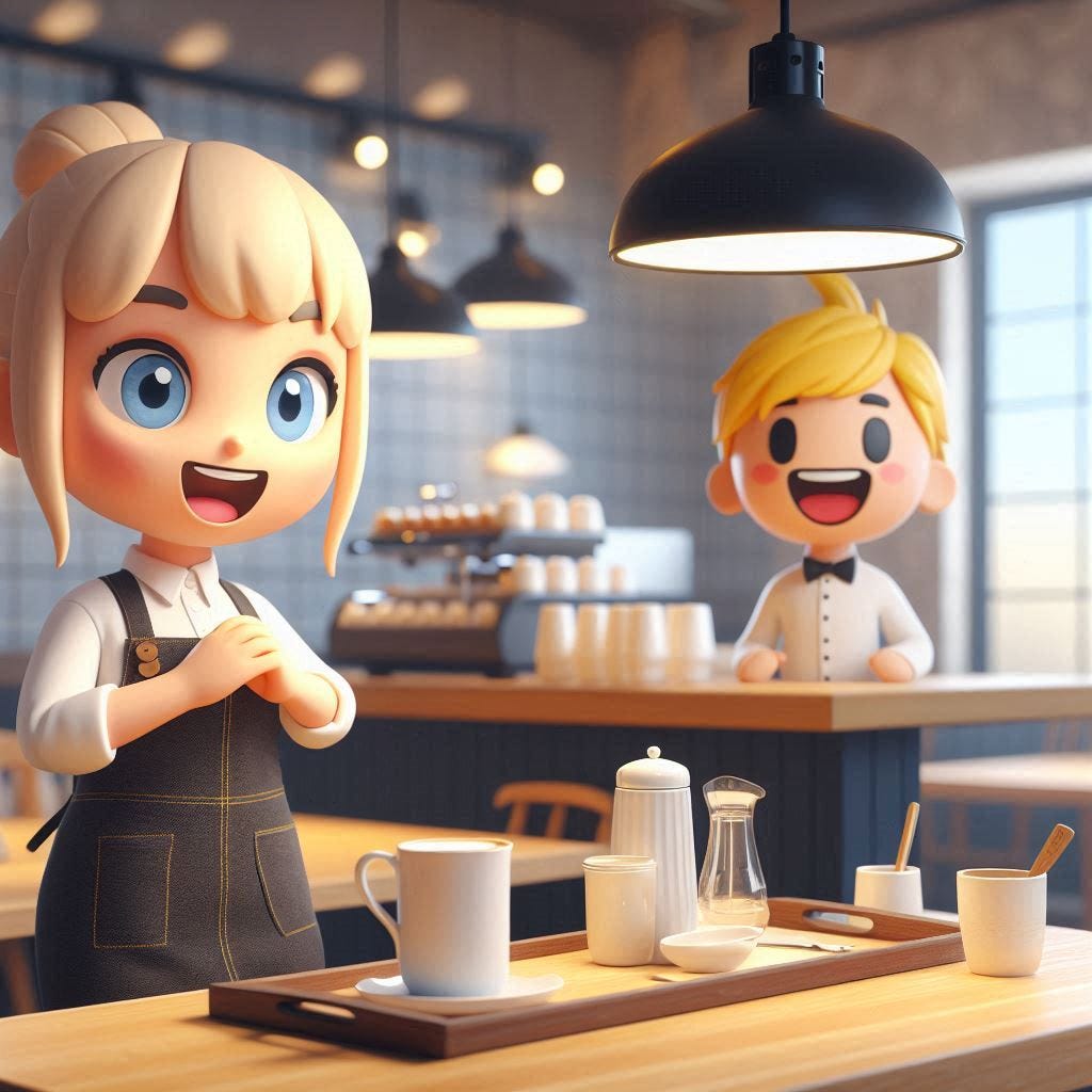 A swedish fika shop table with amble lighting and scandinavian design. Right behind the table, there's a happy swedish waitress standing enthusiastically ready to take the order with a more typical swedish face with blonde hair and blue eyes.