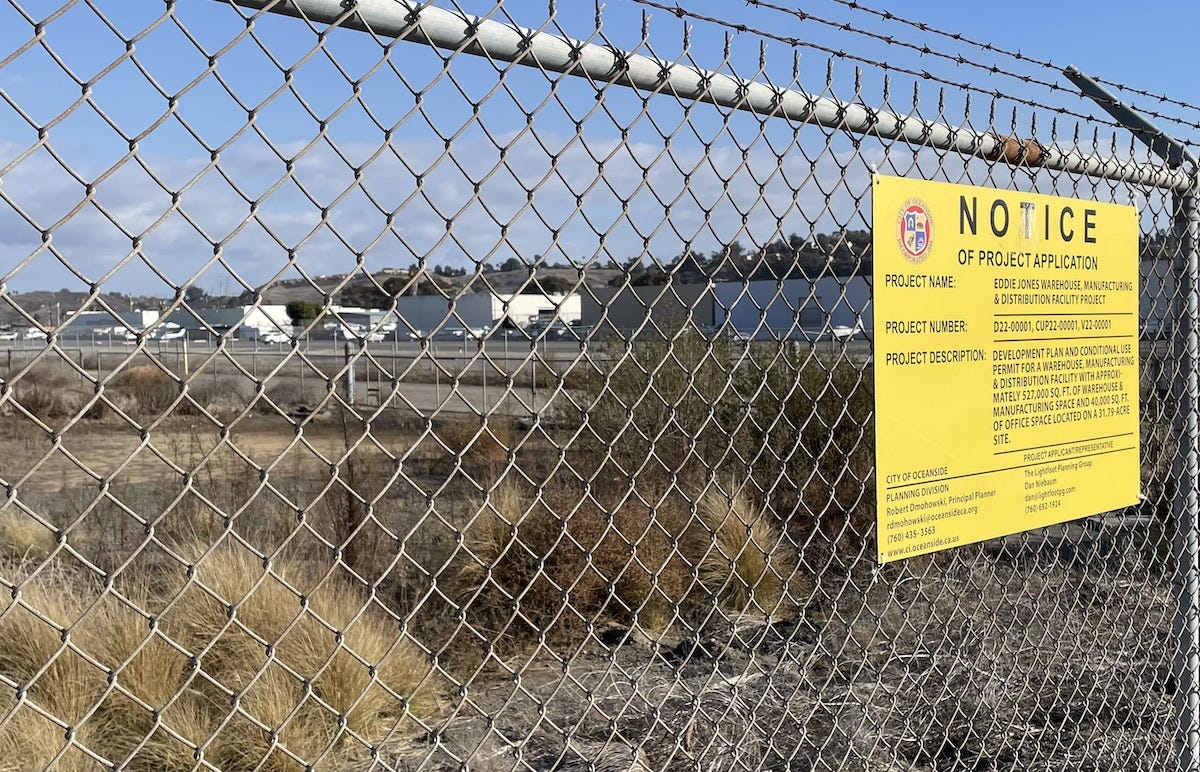 Many Oceanside residents are protesting a large-scale warehouse and truck terminal proposed on the northwest parcel adjacent to the Oceanside Municipal Airport. The Eddie Jones Warehouse Project goes before the Planning Commission on Monday. Steve Puterski photo