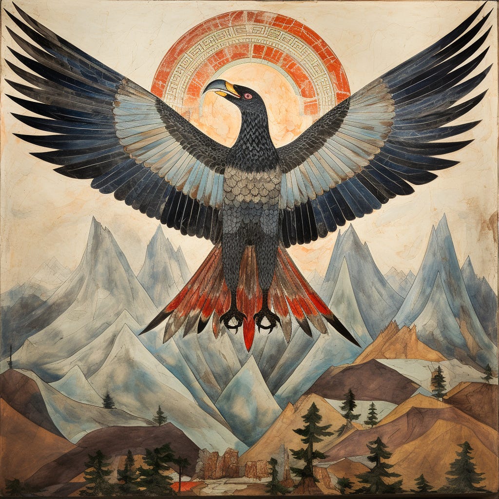 A fresco of a giant bird with a sharp beak, sharper talons, and a ten-foot wingspan soaring over a mountainous landscape at sunrise.