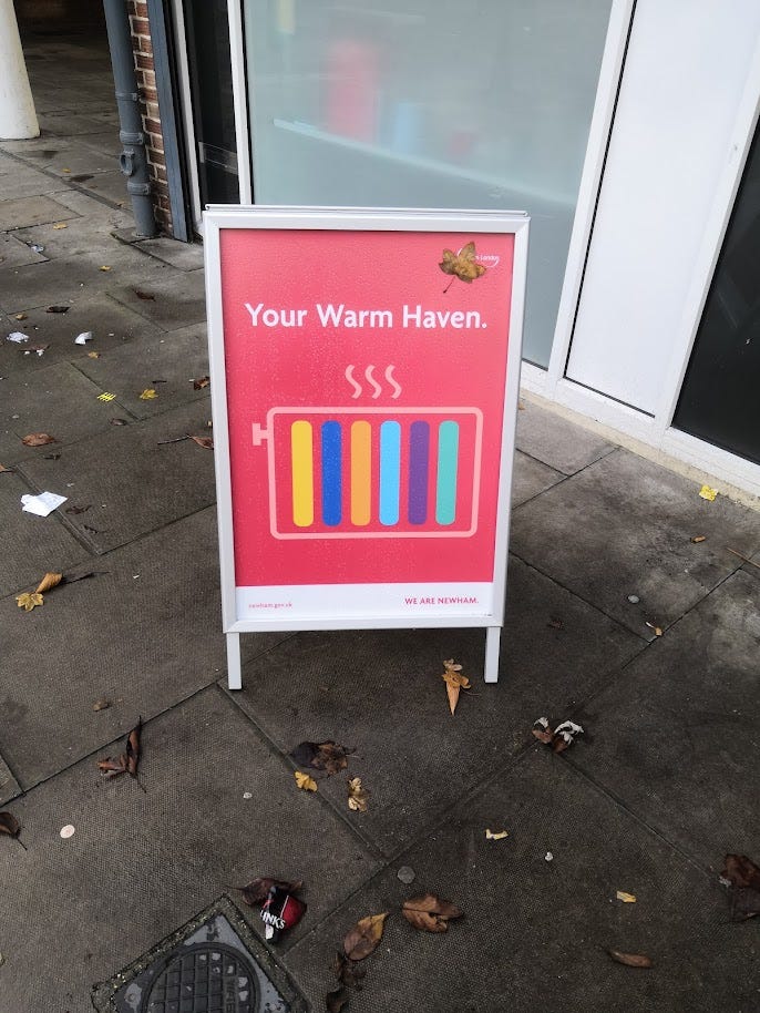 A sign reading "your warm haven"