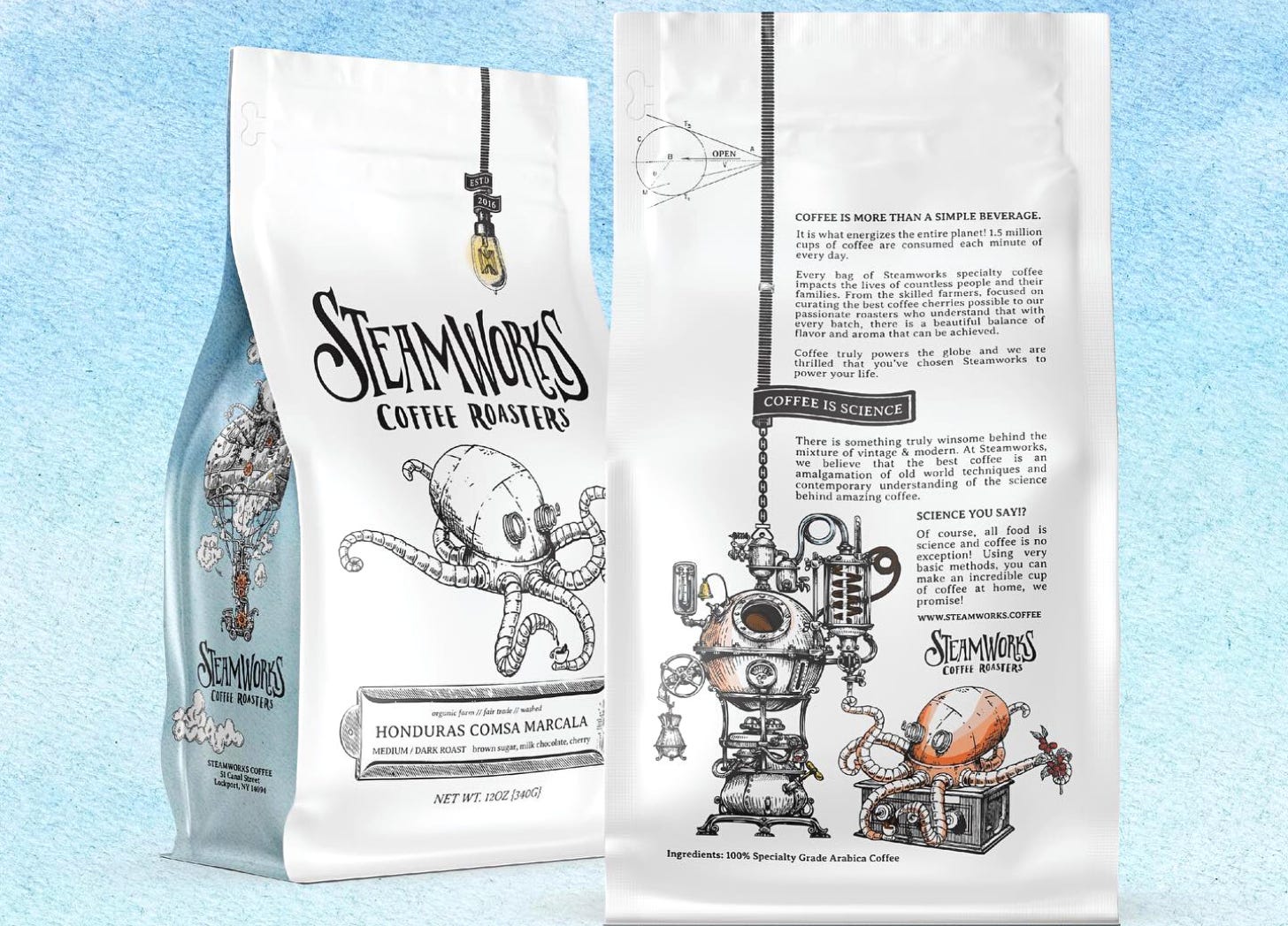 A design showcase featuring the coffee bag graphics for Steamworks Coffee Roasters. The white front of the bag has the name in a handdrawn black font over a mechanical octopus.