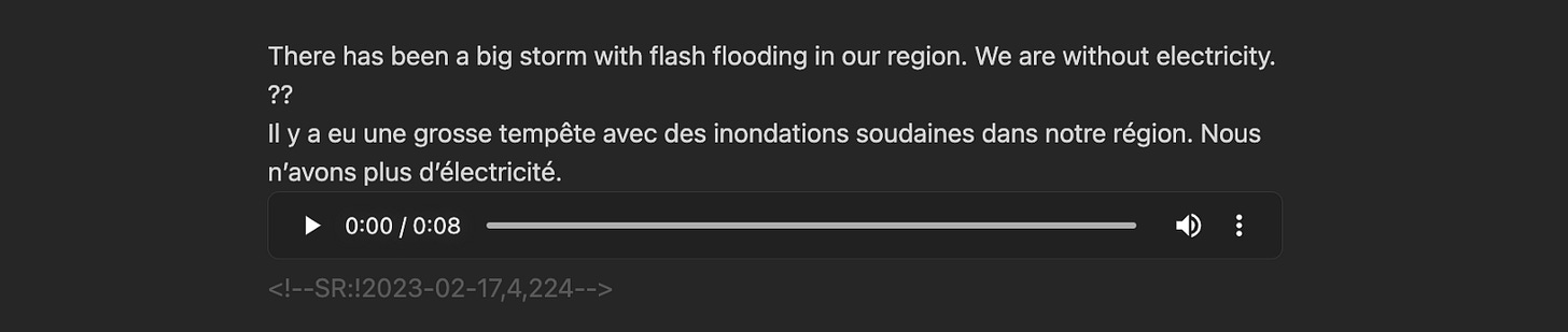Plain text input for Spaced Repetition plugin in Obsidian. Text reads: There has been a big storm with flash flooding in our region. We are without electricity. ?? Il y a eu une grosse tempête avec des inondations soudaines dans notre région. Nous n’avons plus d’électricité. An audio file sits under the French sentence, and some grey code added by the plugin sits below that.