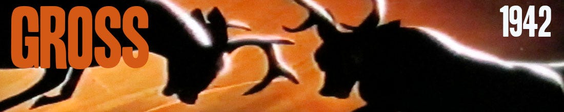 Banner-shaped graphic for the GROSS Substack newsletter with still from 1942 film Bambi in which Bambi fights, in silhouette, with another deer, silhouetted against the sunset