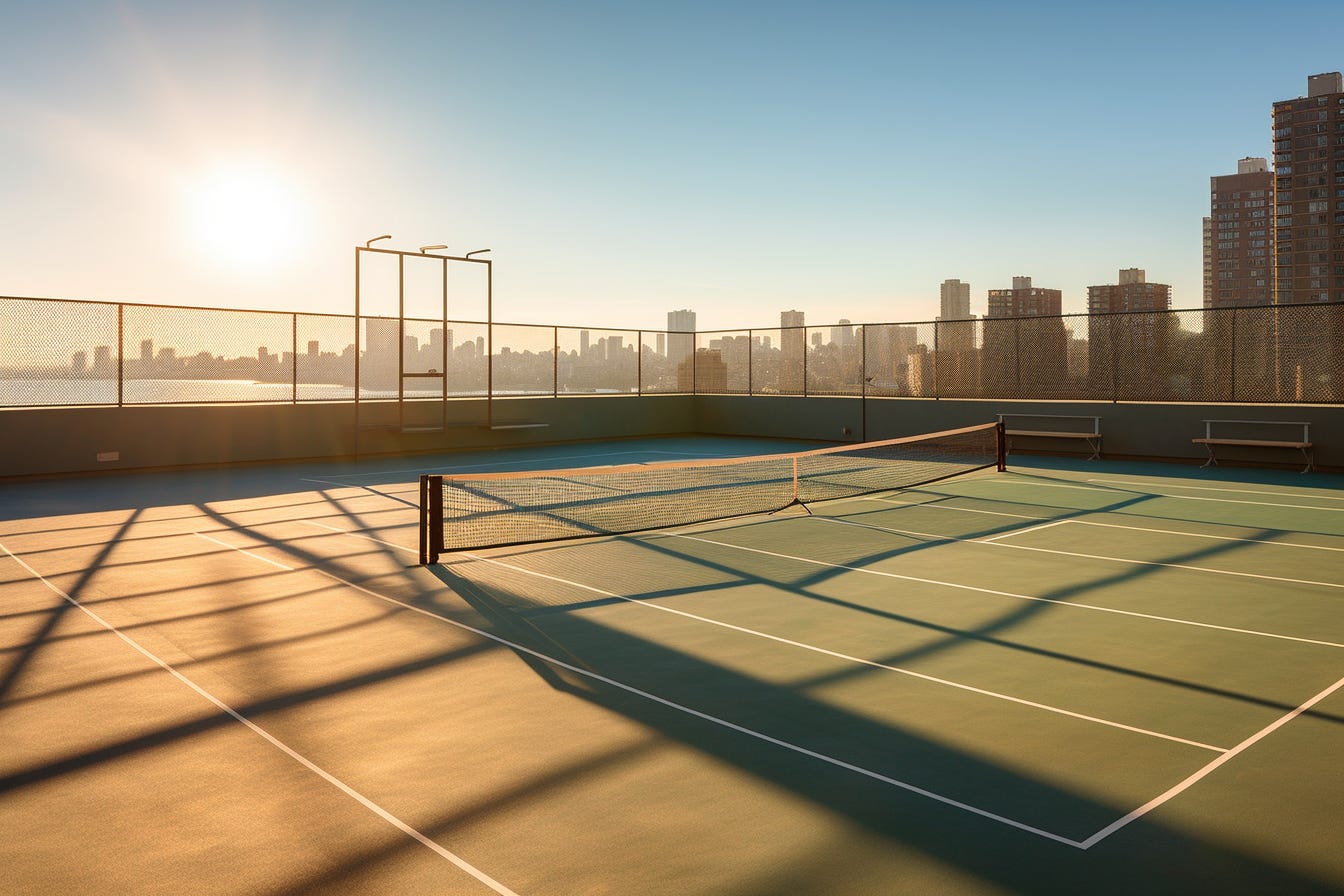 the tennis courts at the st george tower on the brooklyn borough, in the style of vray, rich and immersive, new york cityscape, delicately rendered landscapes, majestic ports, steven holl