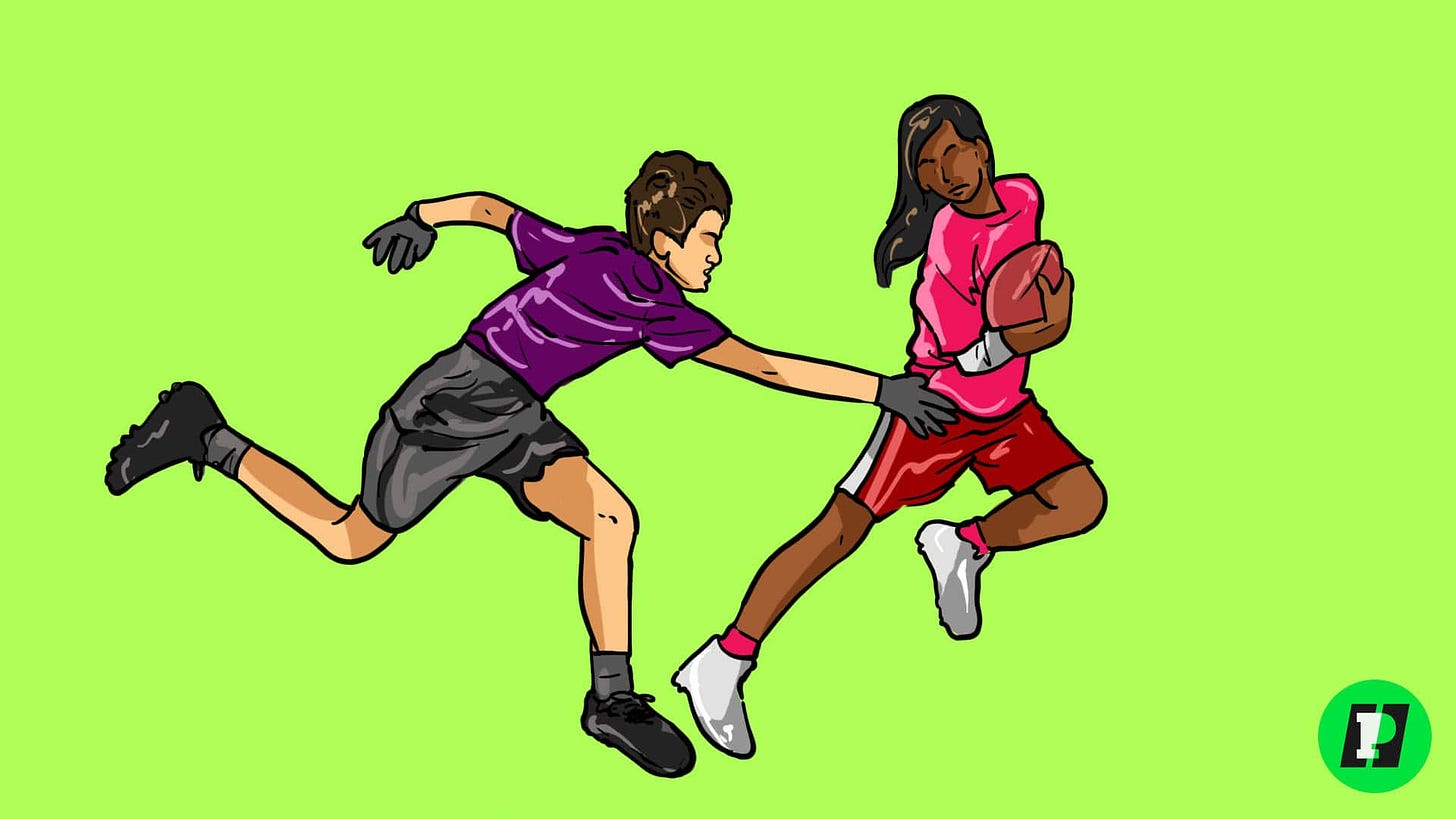 artwork of male football player grabbing flag of female player trying to juke
