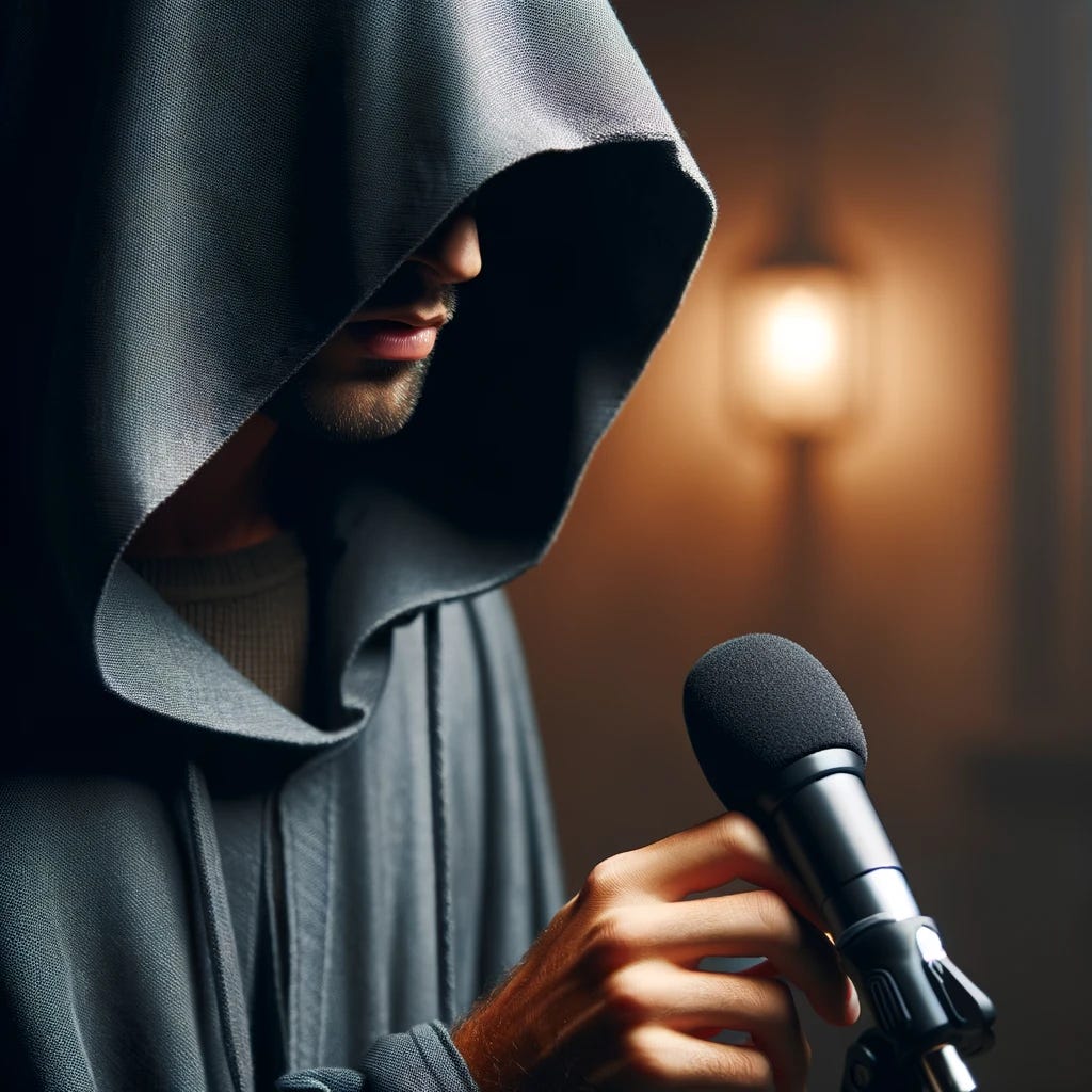 A mysterious scene featuring a hooded figure in a grey robe, standing and speaking into a microphone. The setting is dimly lit, emphasizing the mystery. Only the figure's lips are visible beneath the hood, highlighting the secrecy of the person. The background is softly blurred to focus on the figure and the microphone. The overall mood is enigmatic and intriguing, capturing a moment of secretive communication.