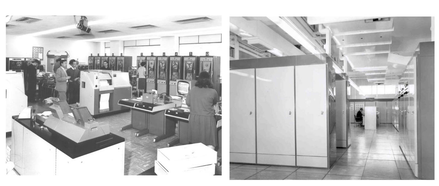 The input/output area of the Atlas computer (right) and the computer itself, occupying a large room with its circuit boards inside closets. Image source: The Atlas story