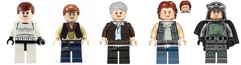 Five Han Solo minifigures in various costumes and hair styles