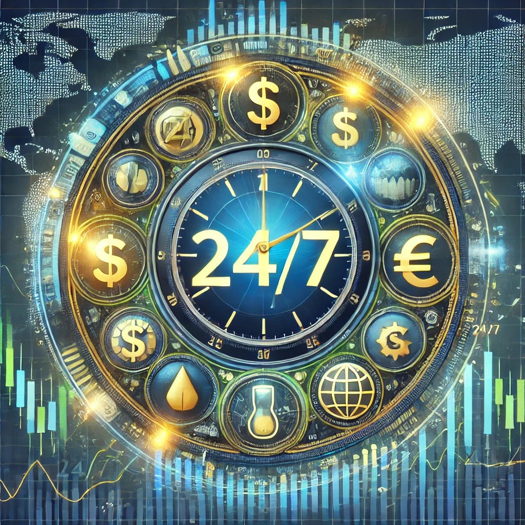 An image representing 24/7 trading, prominently featuring the text '24/7' integrated into the design. The image includes a clock with financial symbols such as dollar signs, candlesticks, and graphs replacing the numbers. Surrounding the clock are glowing data streams and stock market charts, representing constant global trading. The background includes a subtle world map to highlight international connectivity. The color scheme uses blue, green, and gold to emphasize the dynamic, trustworthy nature of round-the-clock trading.