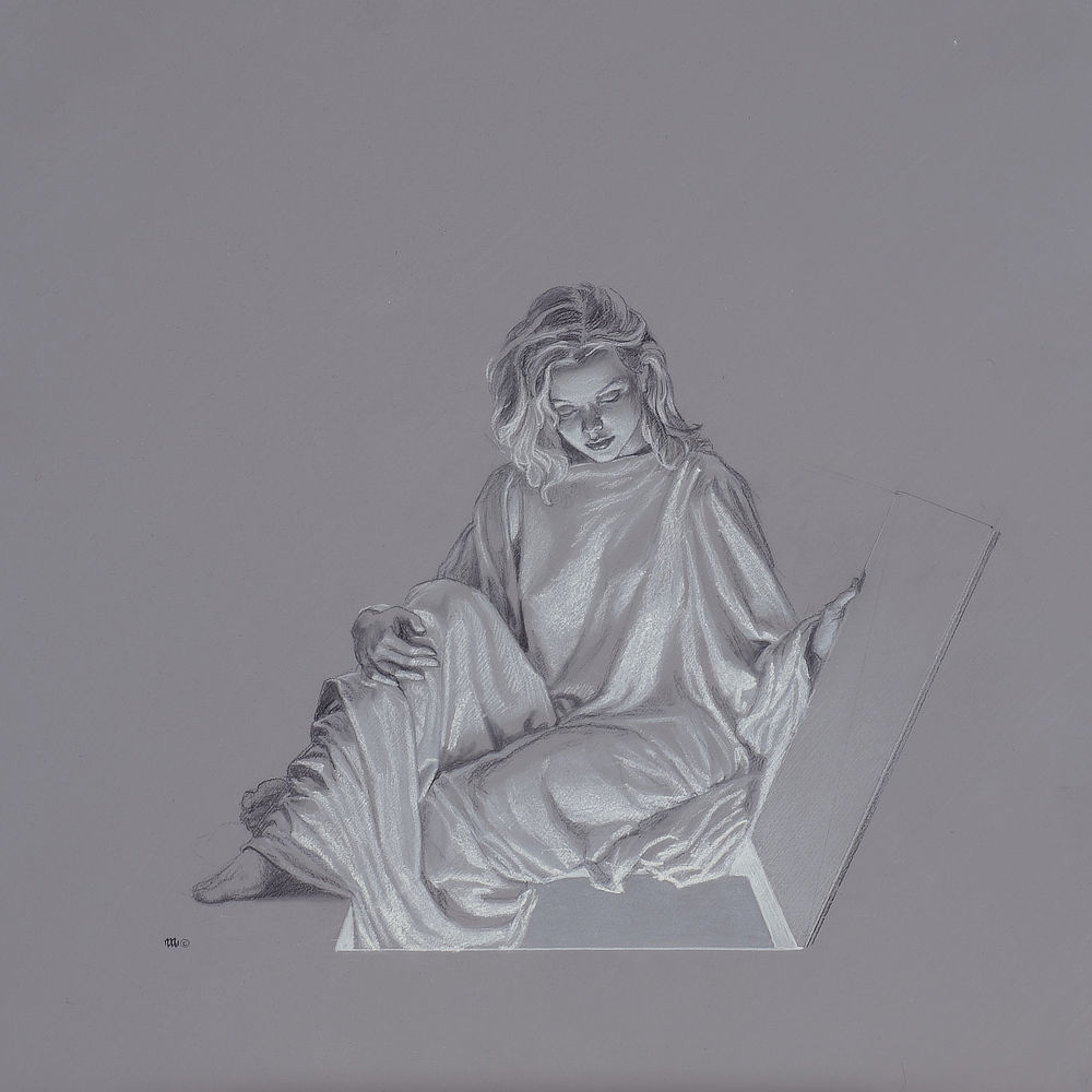 Figure study in black and white on gray toned paper for LUMEN 6.2. The drawing features a woman in white robes holding open a hatch in the floor. The cloth of her robes spills into the opening. Notably, the position of the hatch is on the right, inverted from the pose in the final painting. Figure study in black and white on gray toned paper for LUMEN 6.2. The drawing features a woman in white robes holding open a hatch in the floor. The cloth of her robes spills into the opening. Notably, the position of the hatch is on the right, inverted from the pose in the final painting.