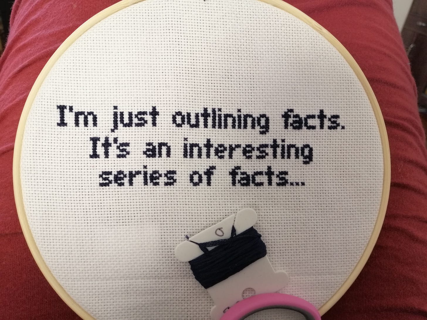 Completed cross stitch in a hoop. Text reads "I'm just outlining facts. It's an interesting series of facts..."