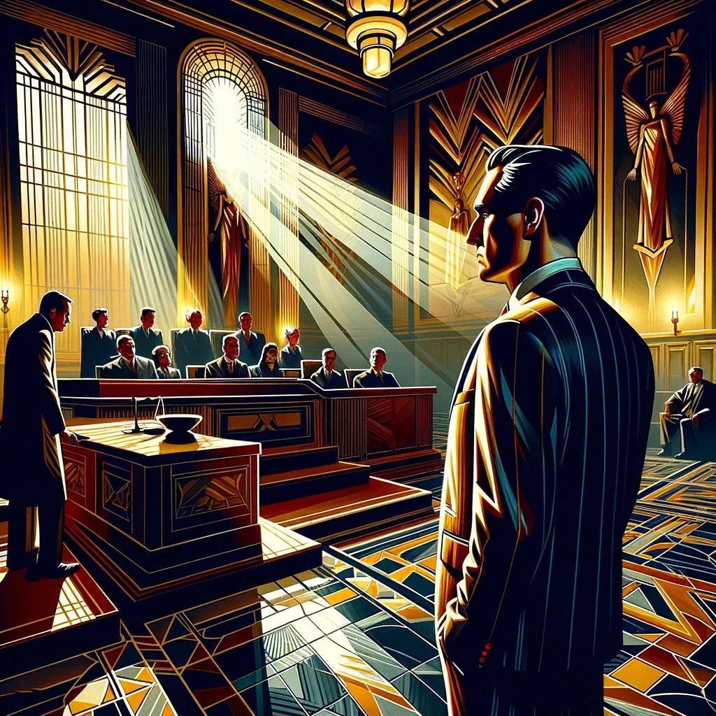 An art deco style painting with enhanced drama and contrast, depicting a wealthy real estate businessman standing trial in a court. The scene is now more dramatic and solemn, with intensified lighting casting sharp shadows, creating a more theatrical effect. The businessman, in a sharply tailored suit, appears more anxious, highlighted by dramatic lighting. The courtroom's grandeur is amplified with more pronounced geometric patterns and luxurious materials in art deco style. The judge and jury are depicted with more expressive faces, adding to the tension. The overall color palette is now deeper and more contrasting, emphasizing the heightened gravity and drama of the situation.