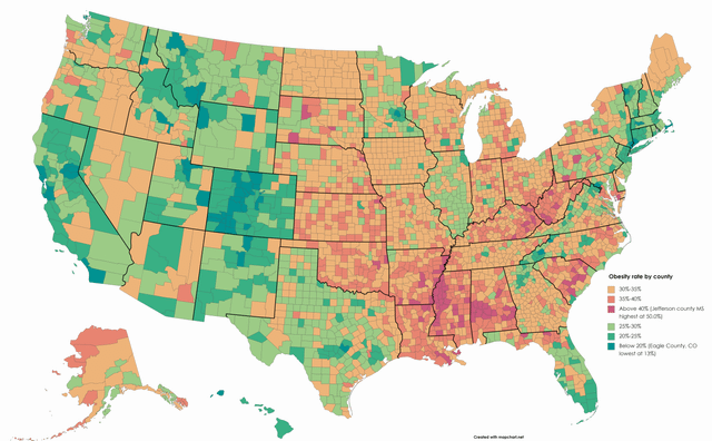 r/MapPorn - Obesity Rate by US County