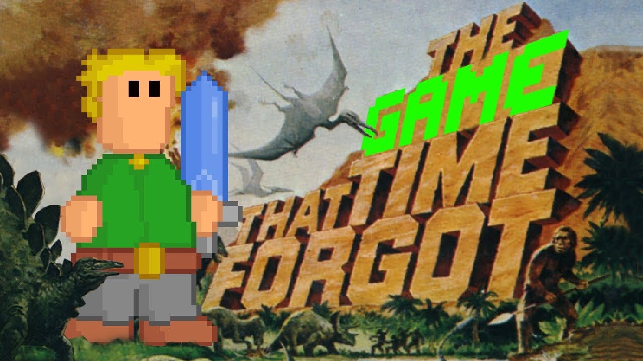 Image displaying a pixellated warrior, prehistoric animals and the words The Game That Time Forgot