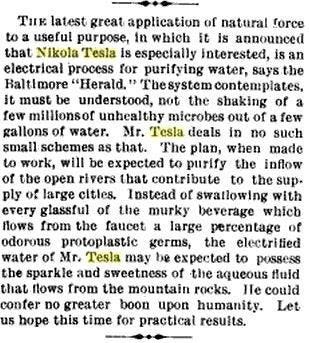 Baltimore Herald - Nikola Tesla's Electrical Process to Purify Water of Protoplastic Germs (Sparkletts & Mountain Spring)