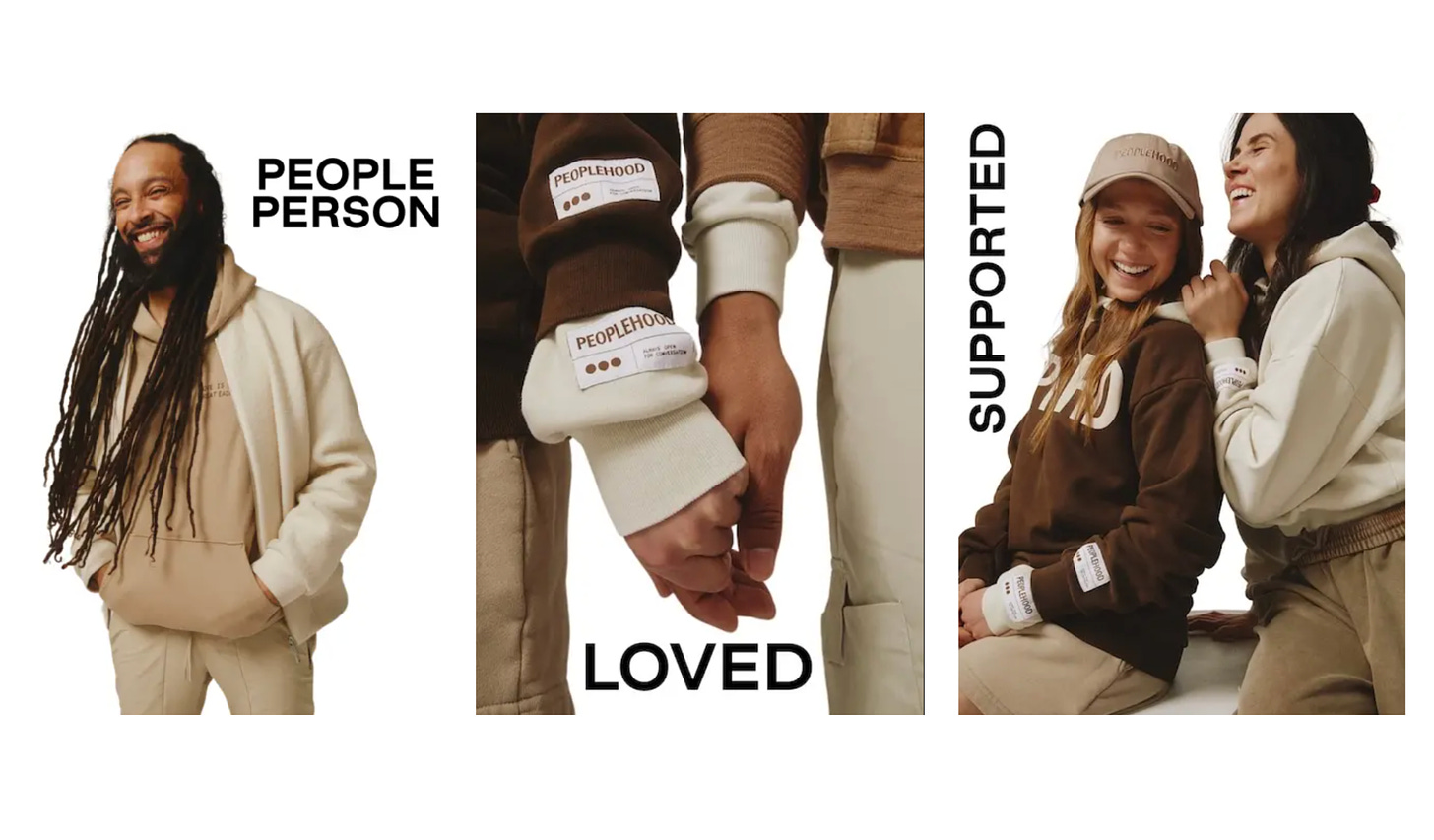 Three photos from Peoplehood featuring people in beige and brown sweats – one image says "People Person", another says "Loved", and the third says "Supported"