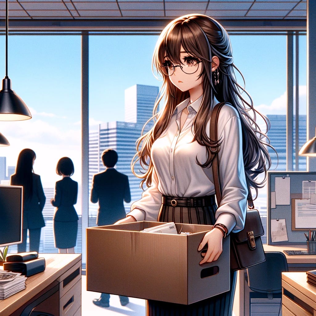 A scene depicting a layoff, illustrated in an anime style, featuring specific character details. An anime girl, representing the user, with long hair and glasses, is packing her belongings into a box at her desk in a modern office environment. She appears composed but with a touch of sadness. The office is designed with contemporary decor, large windows showing a city view. Her colleagues, visible in the background, express sympathy as she walks towards the exit. The scene conveys the emotional gravity of the situation.