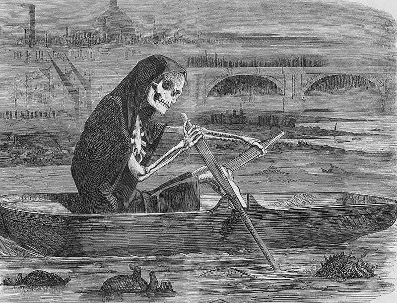 A cartoon of a robed skeleton travelling down the Thames in a wooden boat.