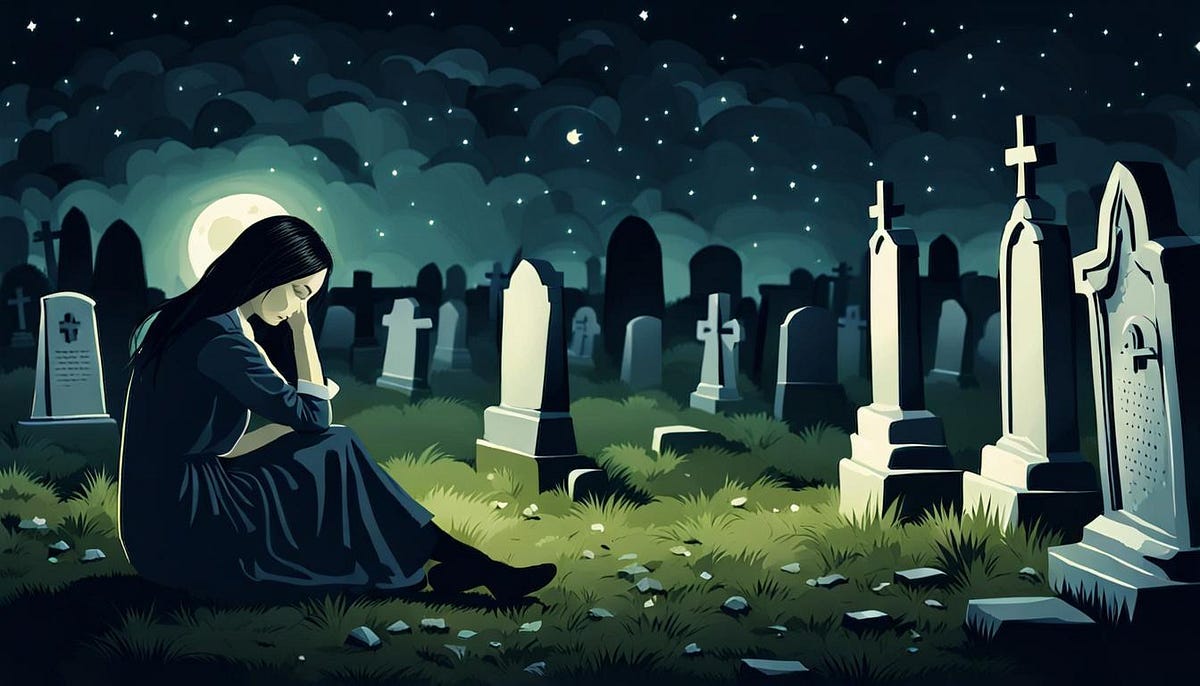 Woman in graveyard at night