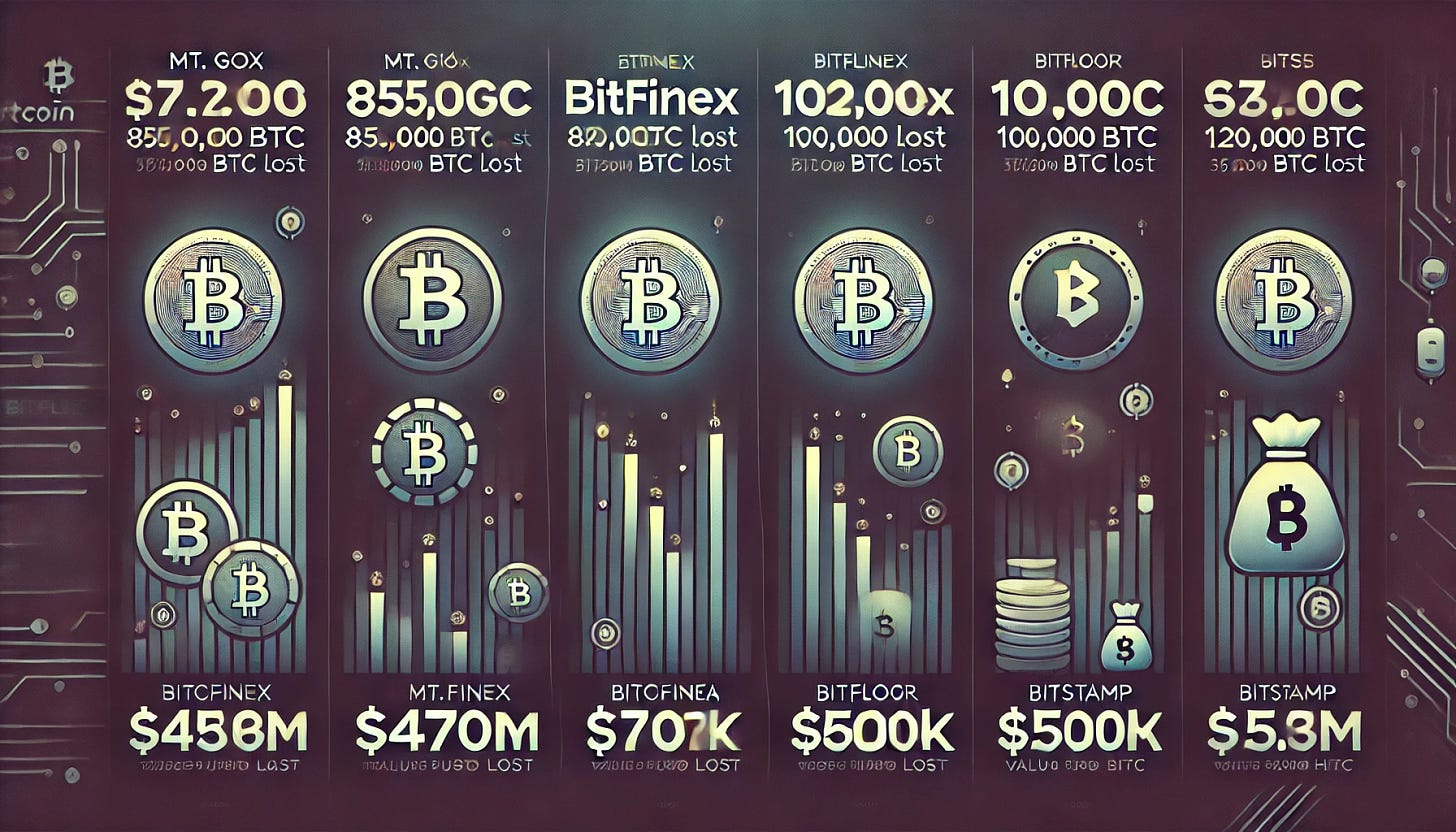 A banner image summarizing notable Bitcoin exchange hacks. The design includes five icons for each exchange: Mt. Gox (2014, 850,000 BTC lost), Bitfinex (2016, 120,000 BTC), Bitcoinica (2012, 101,000 BTC), Bitfloor (2012, 24,000 BTC), and Bitstamp (2015, 19,000 BTC). Each icon has a dollar symbol indicating the USD value lost: $470M, $72M, $607k, $250k, and $5M, respectively. The background is a dark gradient with subtle digital patterns, highlighting the theme of cybersecurity and finance. Simple, modern fonts for labels, with accent colors highlighting key figures. Design should be clean, professional, and informative.