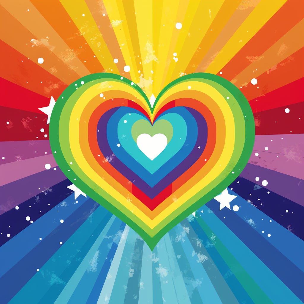 A vibrant, colorful illustration featuring a large, layered heart at the center, with each layer in different shades of the rainbow, from red to violet. The heart is surrounded by beams of light radiating outward in all directions, creating a dynamic and uplifting background. White stars and splatters add a whimsical, joyful touch to the image, symbolizing the expansive and inclusive nature of love and kindness. A vibrant, colorful illustration featuring a large, layered heart at the center, with each layer in different shades of the rainbow, from red to violet. The heart is surrounded by beams of light radiating outward in all directions, creating a dynamic and uplifting background. White stars and splatters add a whimsical, joyful touch to the image, symbolizing the expansive and inclusive nature of love and kindness.