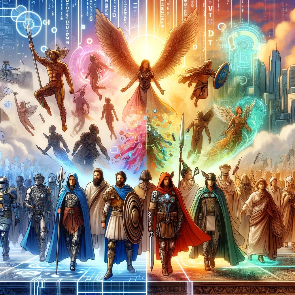 Visualize a symbolic representation of 'Techno-optimism: Turn the Den of Heroes into a Nation of Gods'. The image should depict a transition from a group of diverse individuals embodying historical and mythological heroes, shown with symbolic attributes like capes, armor, and emblems, to an advanced society where these same individuals are elevated to a god-like status through technology, represented by futuristic gear, glowing auras, and a cityscape filled with advanced architecture in the background. The individuals should be engaged in dynamic poses that suggest progression and upliftment, with motifs that suggest they are decoding ancient texts that transform into digital code, symbolizing the blend of past wisdom and future technology. The image should feel inspiring, with a bright and uplifting color palette that contrasts the historical with the futuristic.