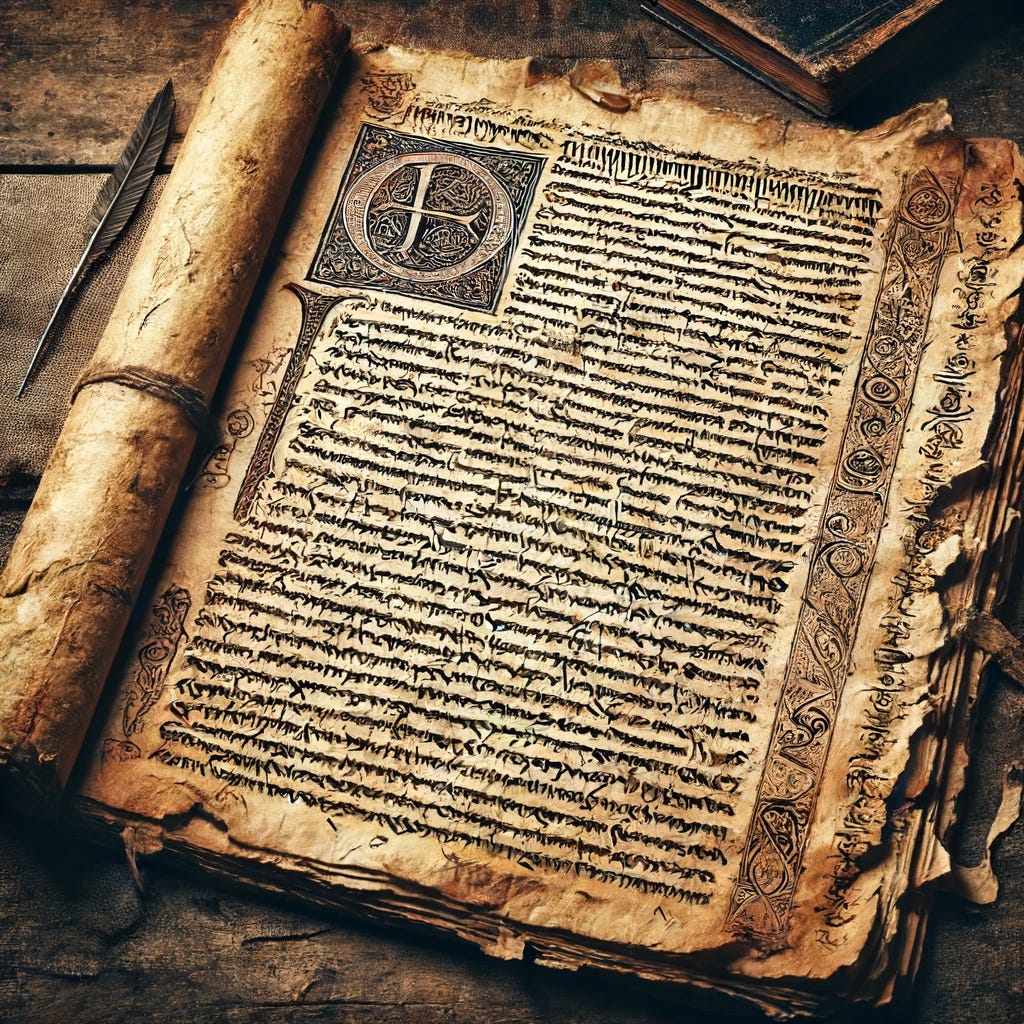 An ancient manuscript with aged, yellowed parchment, faded ink, and partially legible text. The script is a mix of elaborate calligraphy and ancient symbols, making it difficult to read. The edges of the manuscript are worn and tattered, with some areas showing signs of damage and decay. The background is a dimly lit, rustic wooden table with a few scattered old books and a quill pen nearby.