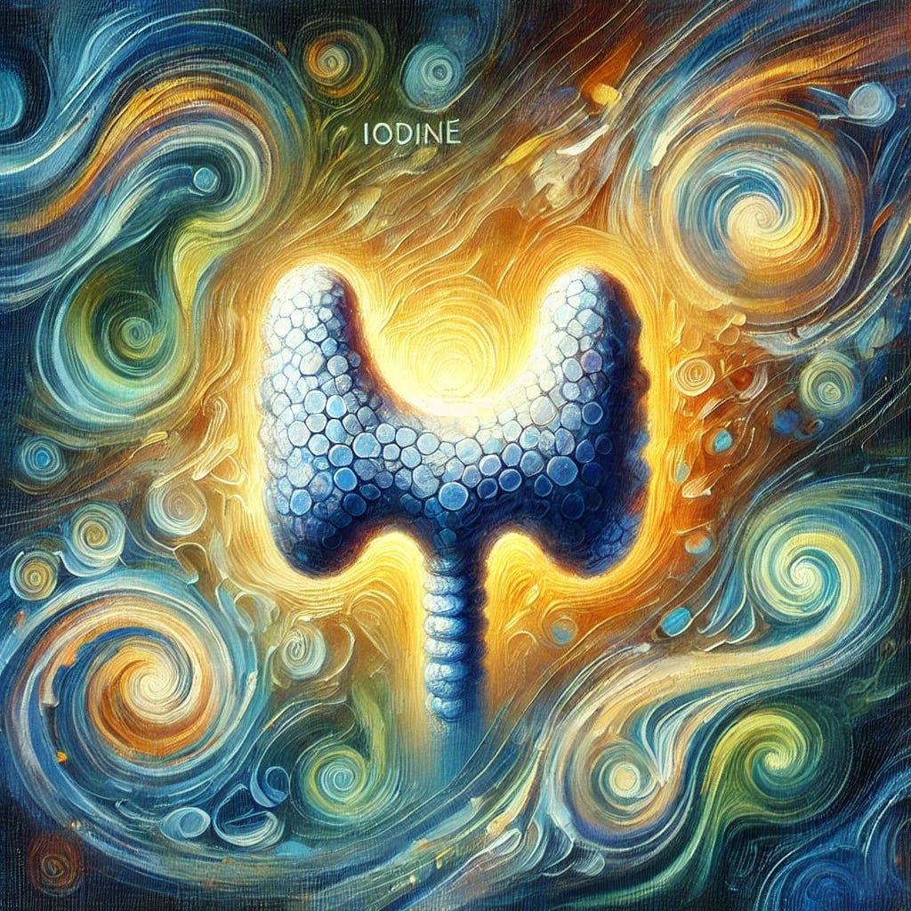 An artistic oil painting focusing on the themes of iodine and migraines, without any human figures or text. The painting should feature a glowing thyroid gland to symbolize iodine, with swirling abstract patterns to represent the relief from migraines. Use calming and soothing colors like blue, green, and subtle yellow to convey a sense of healing and peace. The style should be reminiscent of a classic oil painting, with rich, blended textures that create a calming and thoughtful atmosphere.