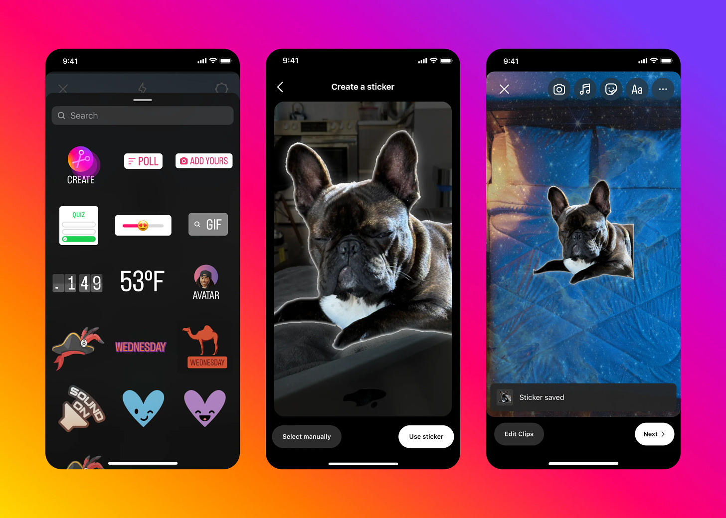 Image of three mobile screens within the Instagram app turning a picture of a dog into a custom sticker for Instagram Stories