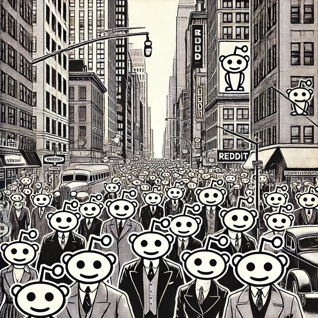 A black and white retro comic book style illustration with a dot cartoon effect, showing a bustling scene of a ton of people walking the streets of New York City. The people are all dressed in 1930s-1940s attire, including suits, ties, dresses, and hats. However, instead of human heads, they have Reddit logo heads. The city street is full of classic cars, tall buildings, and vintage street signs, all contributing to the lively and energetic atmosphere of New York City during that era.