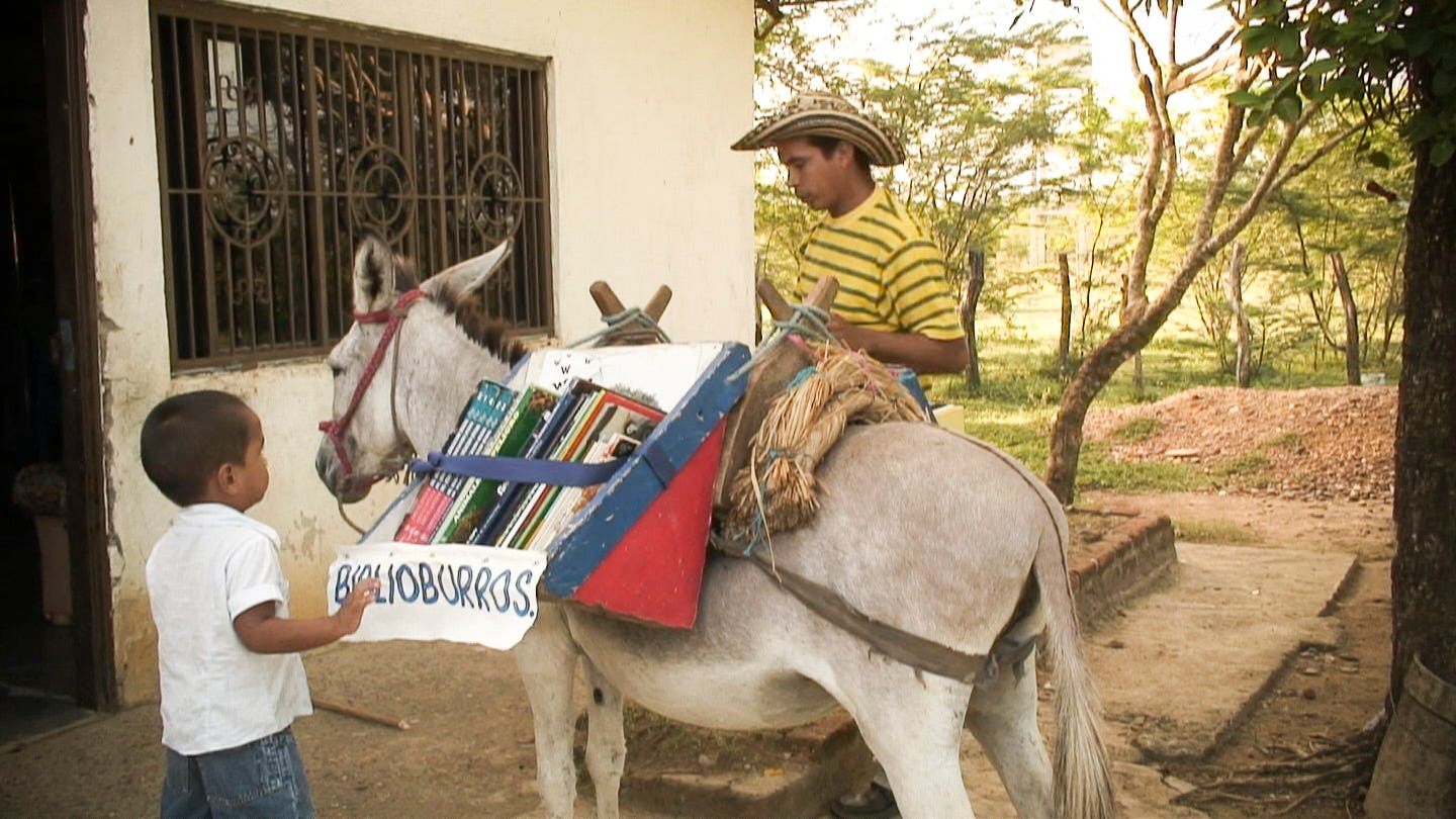 A young boy stands looking at books in a pannier on a donkey, the male librarian is behind the donley. A hand painted sign on the pannier shelf says biblioburros