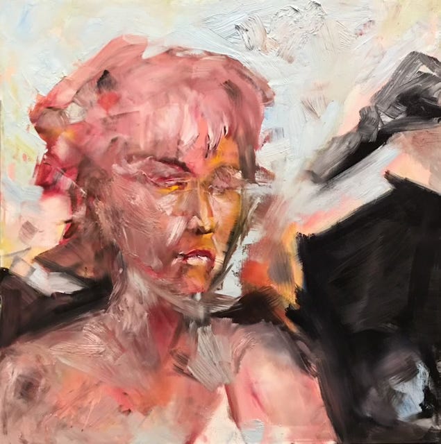 oil painting of woman with red and blues, oil on paper 2016 by charles merritt houghton